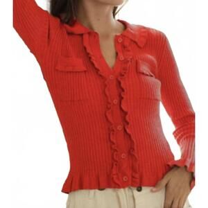 NEW LOVLOV long sleeve scallop detail cardigan in red